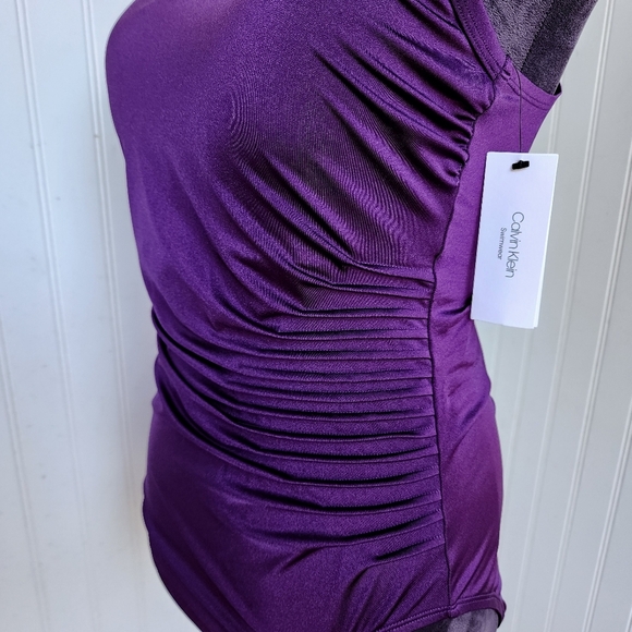 NWT $108 Calvin Klein Swimwear Starburst Shiny Purple Eggplant Swimsuit Size 12 - Picture 5 of 16